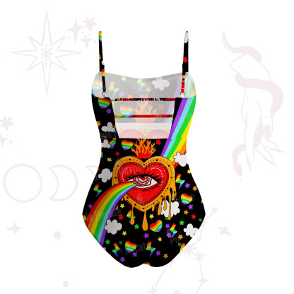 Purplehecate Rainbow Sacred Heart All Seeing Eye Pride Slim-Strap Swimsuit