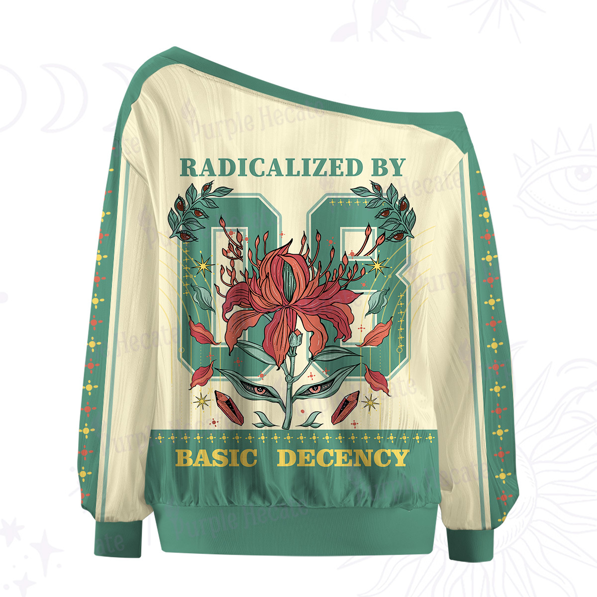 Purplehecate Radicalized By Basic Decency Off The Shoulder Graphic Jersey