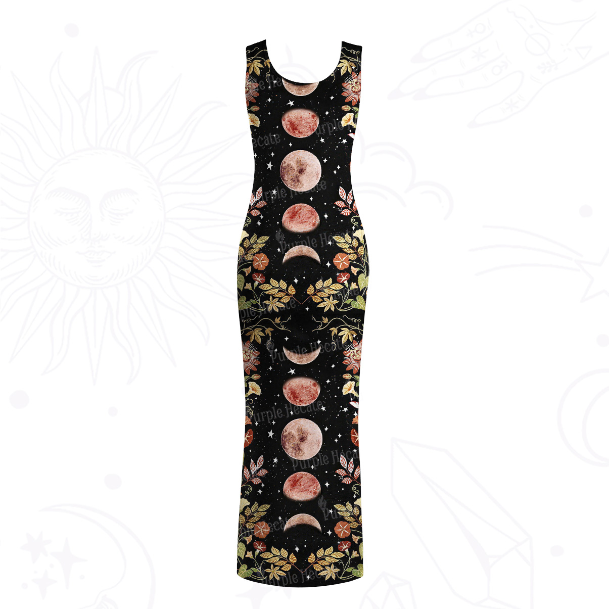 Purplehecate Moon Phase Floral Mesh Maxi Tank Beach Dress