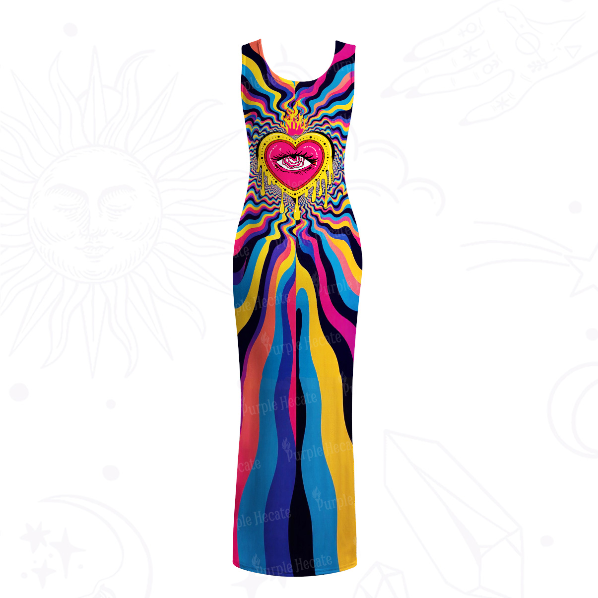 Purplehecate Trippy Heart Flame Mesh Maxi Tank Beach Dress