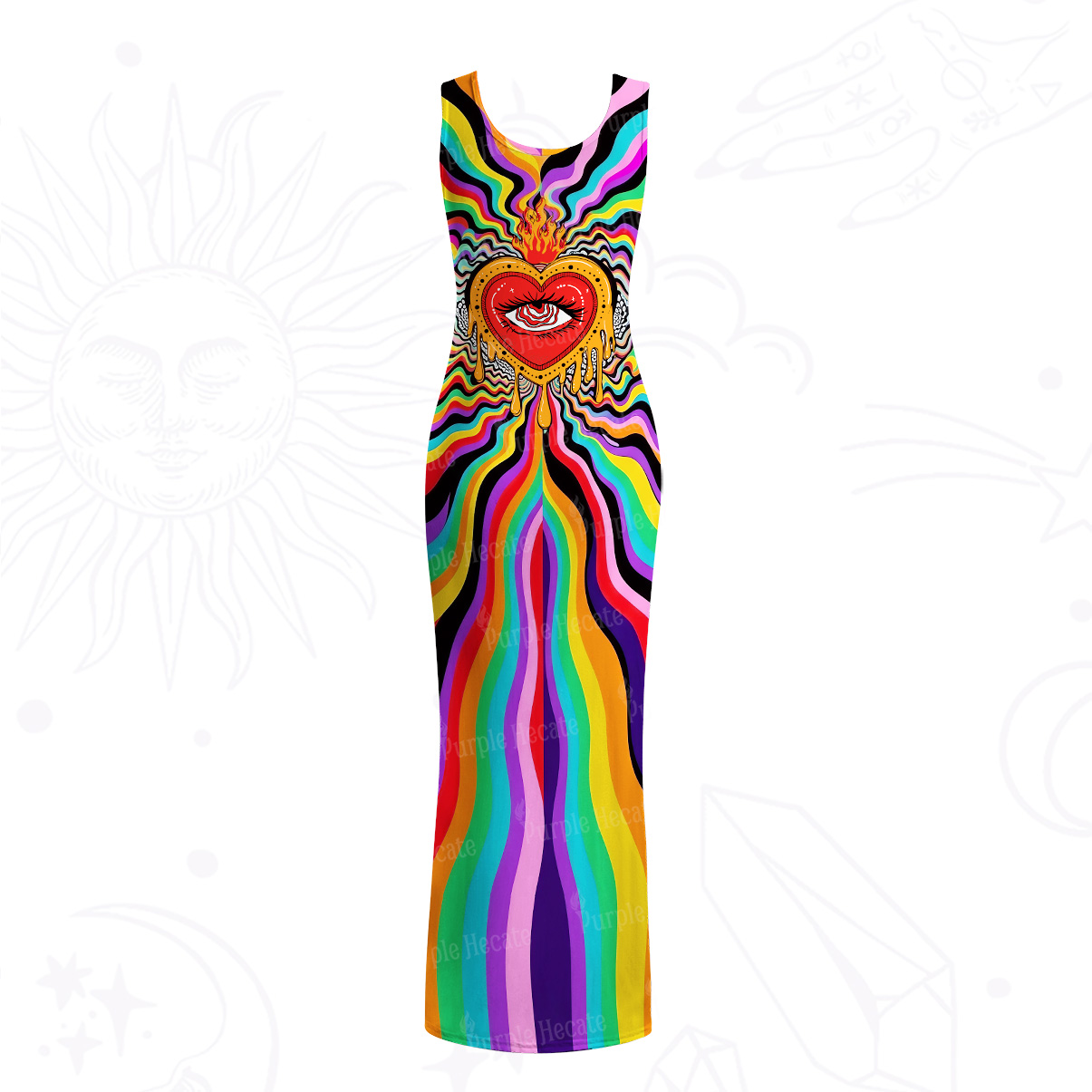 Purplehecate Trippy Rainbow Heart Eye Mesh Maxi Tank Beach Dress
