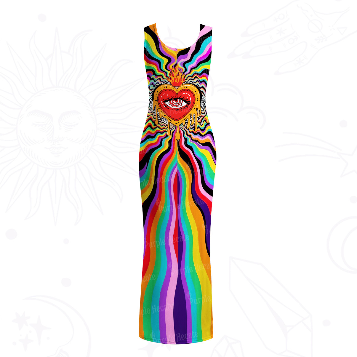 Purplehecate Trippy Rainbow Heart Eye Mesh Maxi Tank Beach Dress