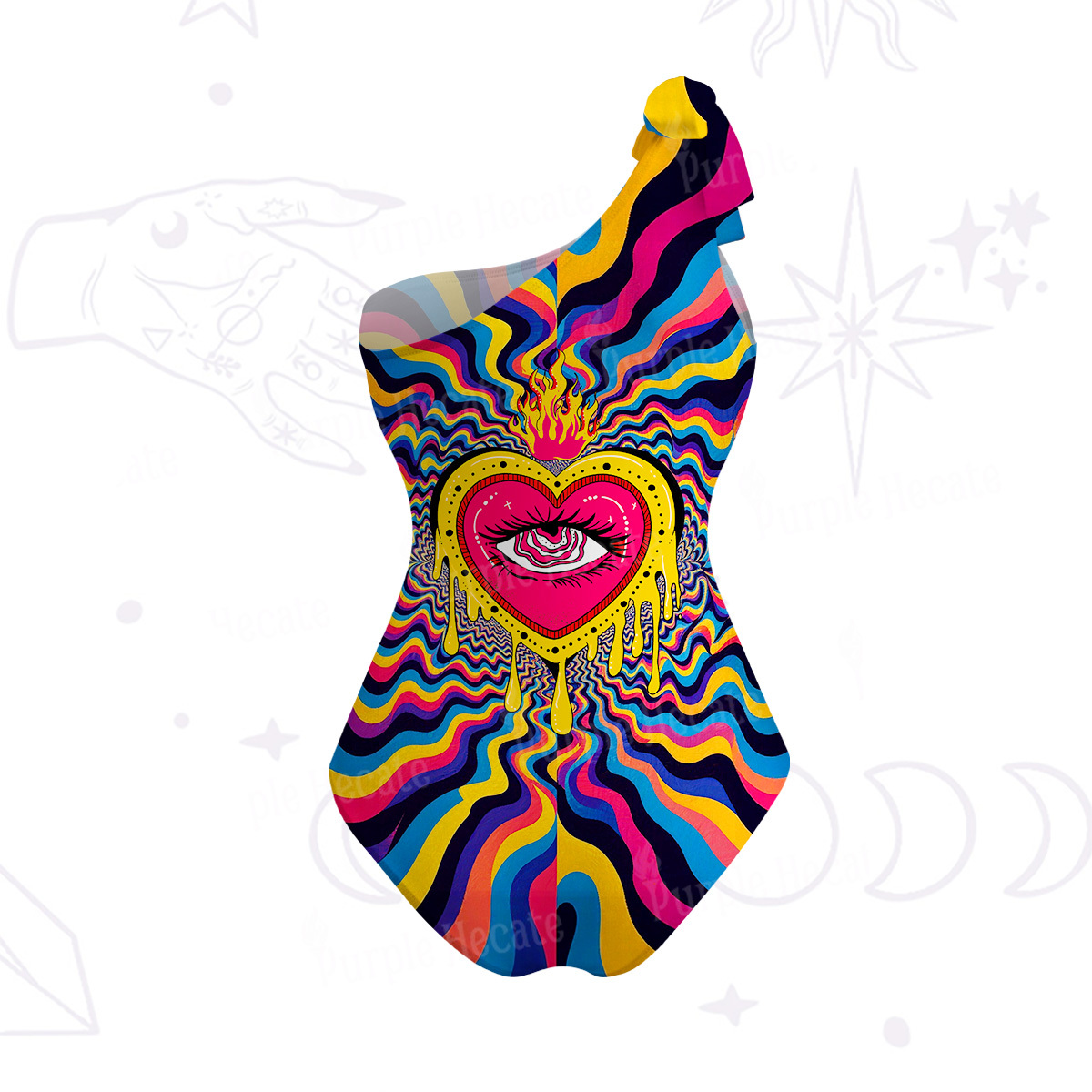 Purplehecate Trippy Heart Flame One-Shoulder One-Piece Swimsuit