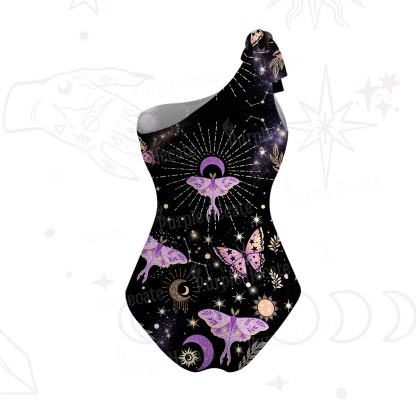 Purplehecate Starry Night Lunar Moth One-Shoulder One-Piece Swimsuit