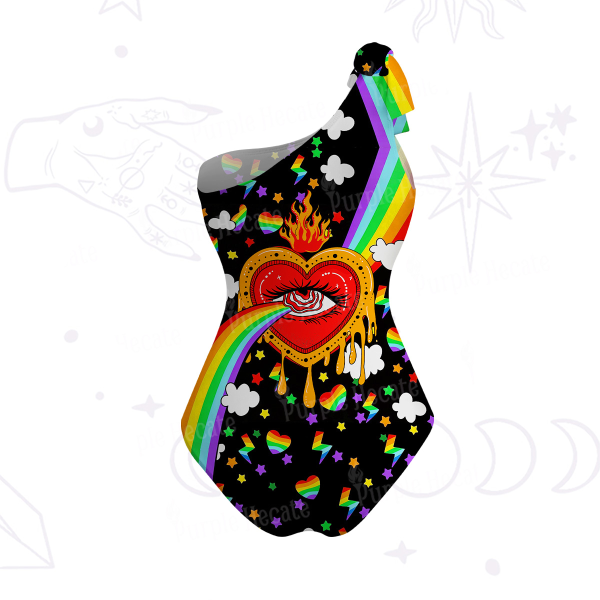Purplehecate Rainbow Sacred Heart All Seeing Eye Pride One-Shoulder One-Piece Swimsuit