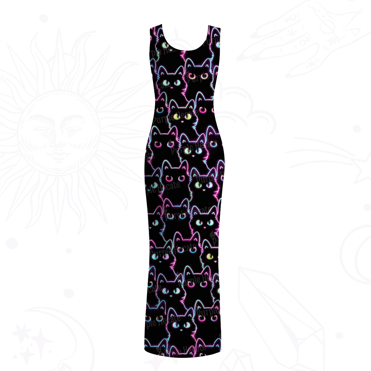 Purplehecate Neon Glow Stacked Cats Mesh Maxi Tank Beach Dress