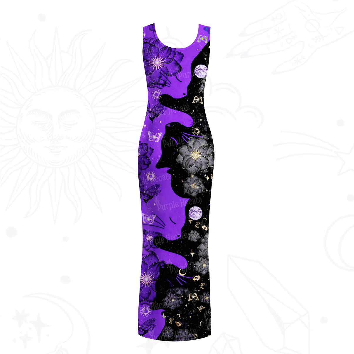 Purplehecate Starlit Cats & Butterflies Mesh Maxi Tank Beach Dress