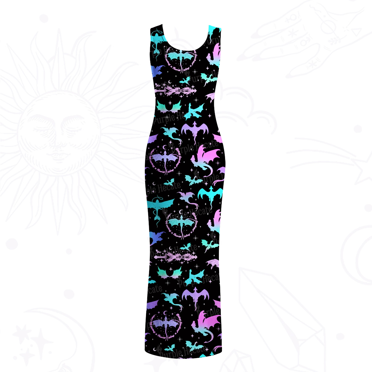 Purplehecate Neon Fantasy Dragon Allover Mesh Maxi Tank Beach Dress