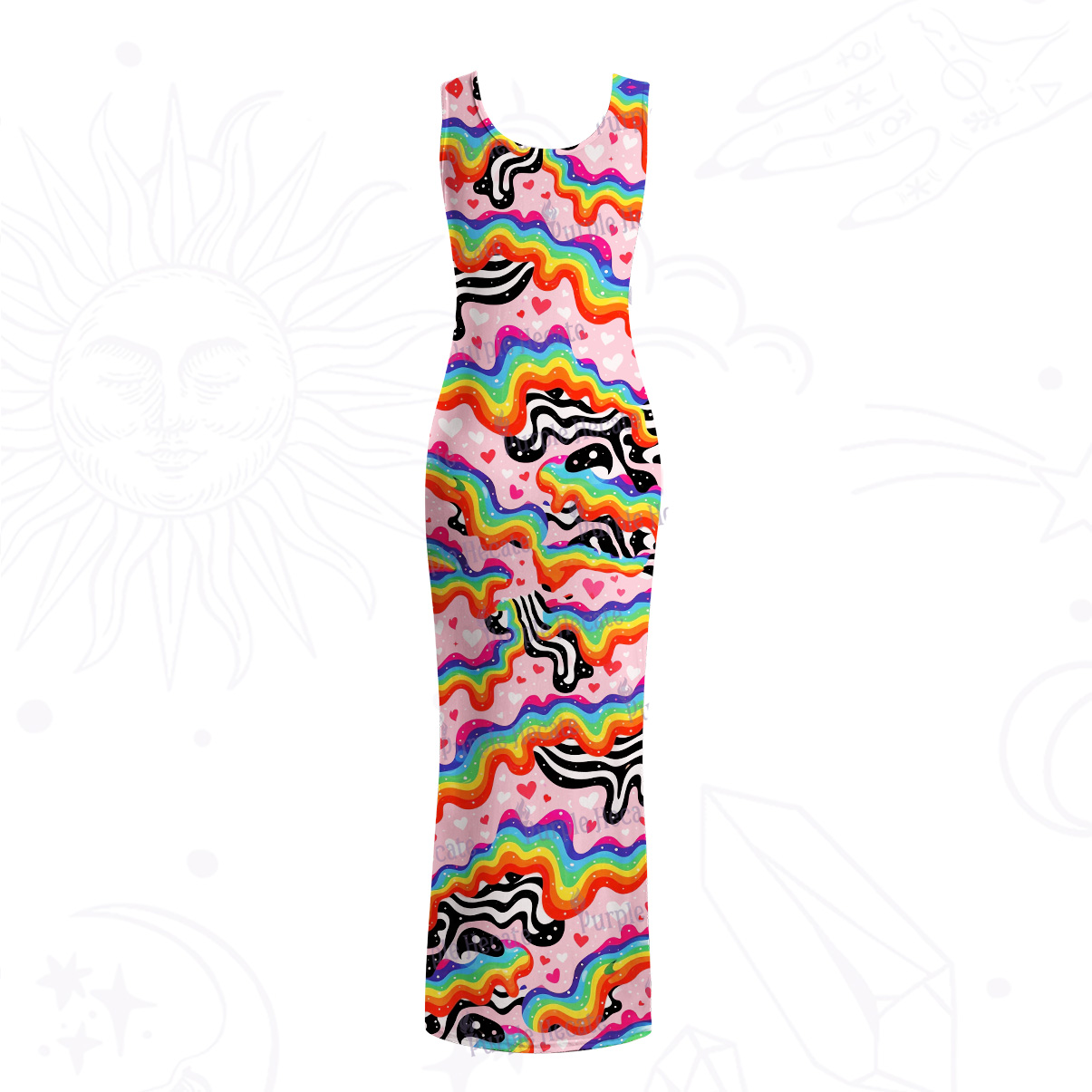 Purplehecate Groovy Melty Rainbow Hearts Wavy Mesh Maxi Tank Beach Dress