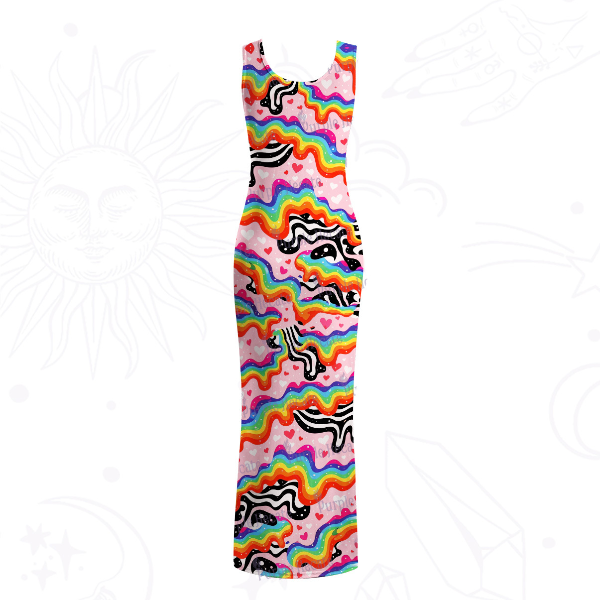 Purplehecate Groovy Melty Rainbow Hearts Wavy Mesh Maxi Tank Beach Dress