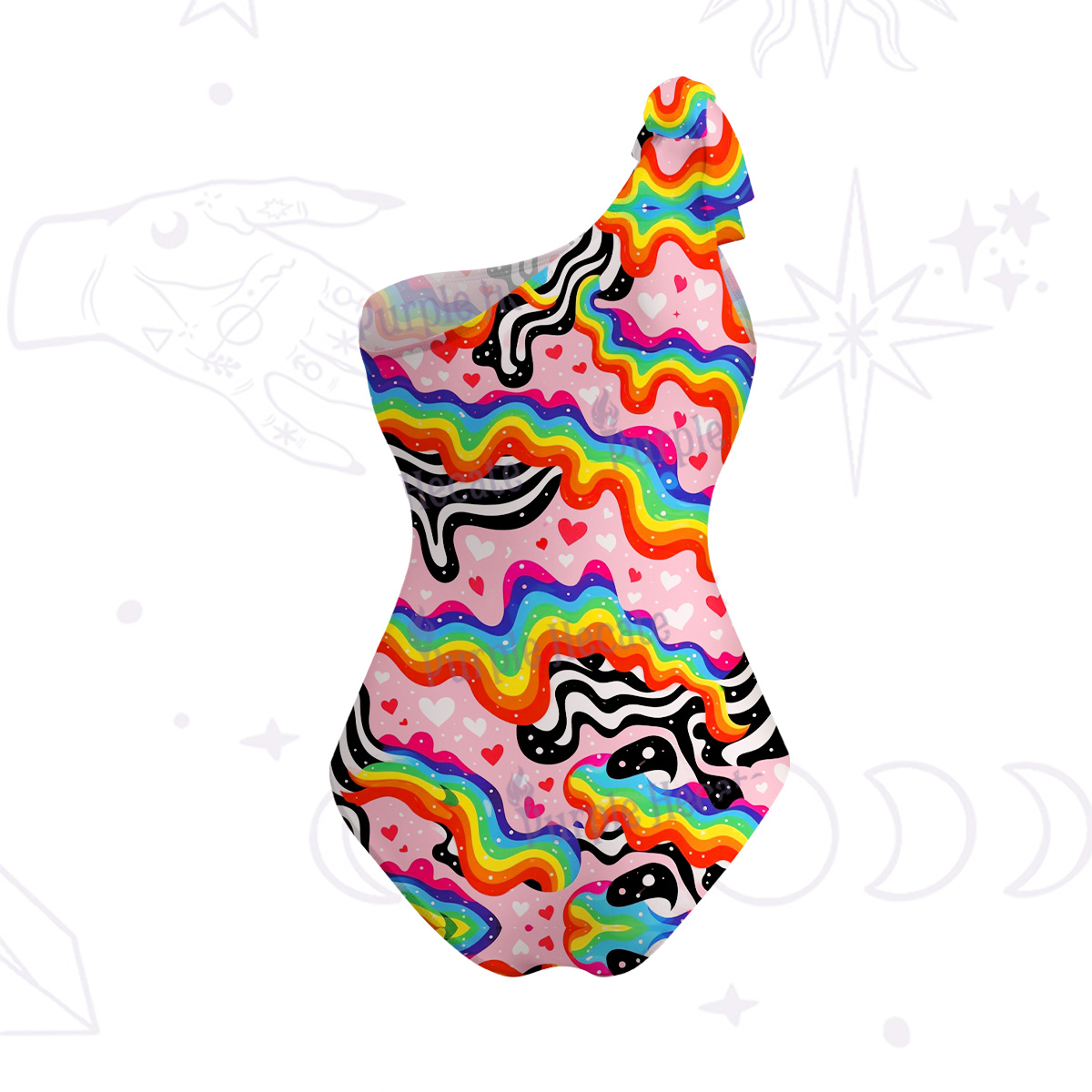 Purplehecate Groovy Melty Rainbow Hearts Wavy One-Shoulder One-Piece Swimsuit
