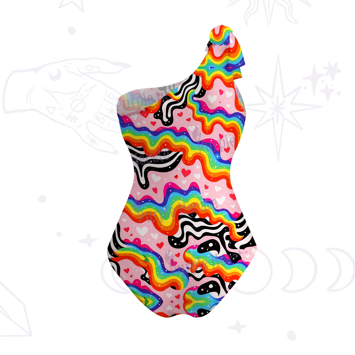 Purplehecate Groovy Melty Rainbow Hearts Wavy One-Shoulder One-Piece Swimsuit