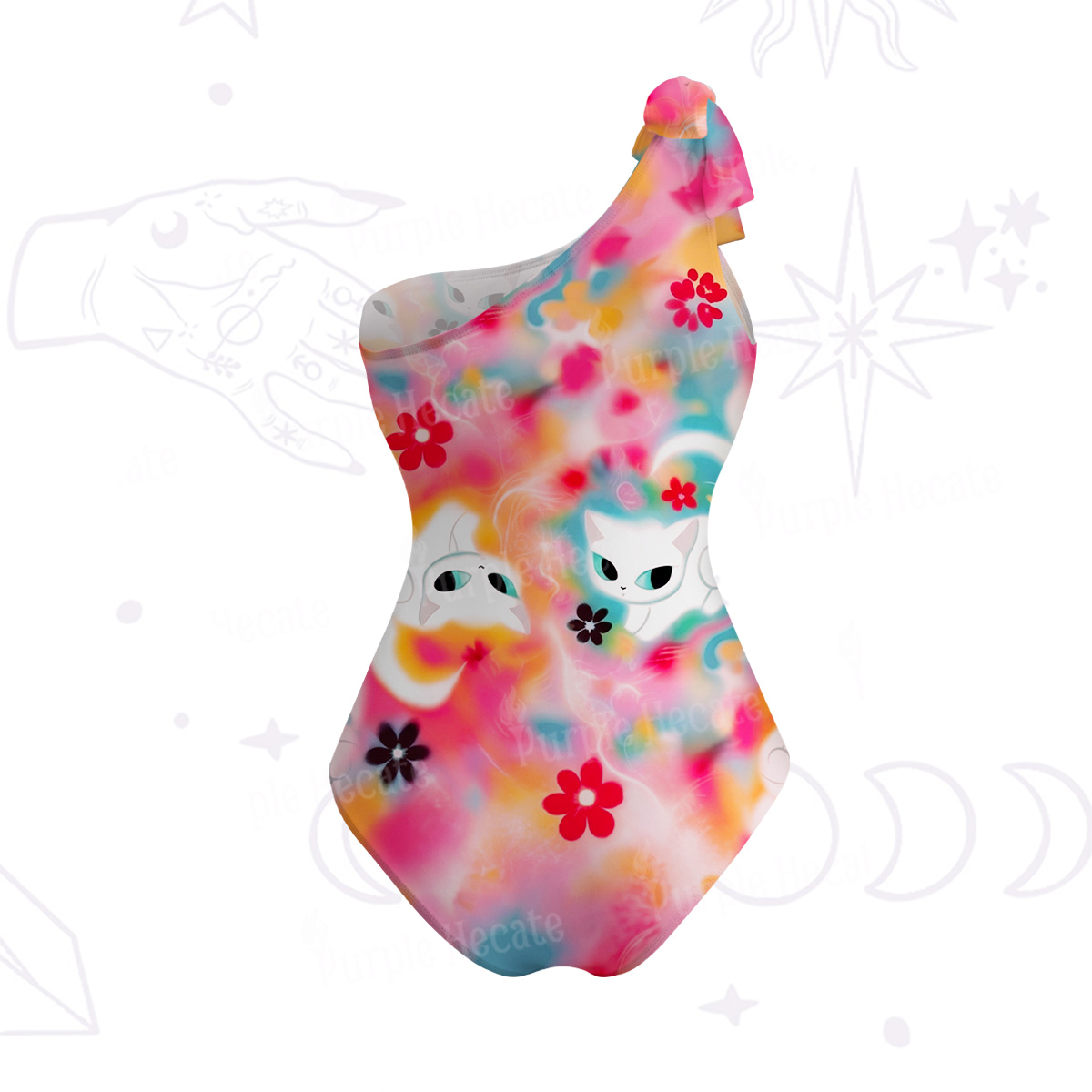 Purplehecate Color Splash Cat One-Shoulder One-Piece Swimsuit