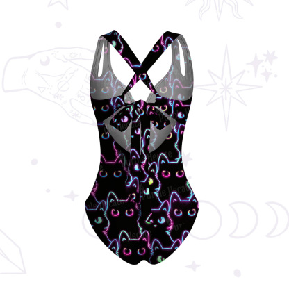Purplehecate Neon Glow Stacked Cats One-Piece Swimsuit