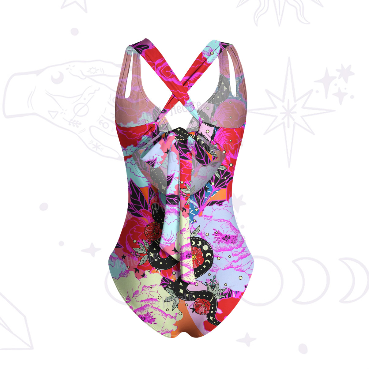 Purplehecate Enchanted Black Serpent & Floral Pattern One-Piece Swimsuit