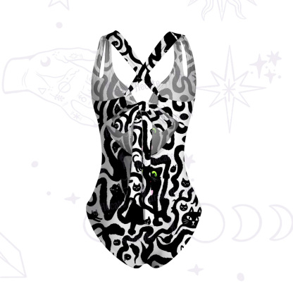 Purplehecate Whimsical Abstract Cat One-Piece Swimsuit
