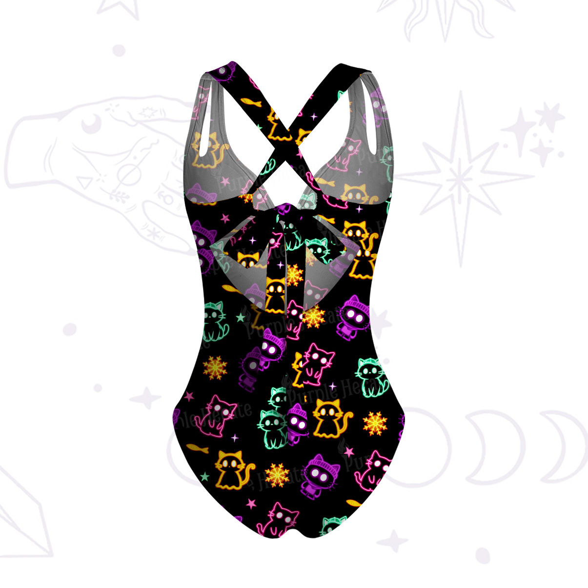 Purplehecate Neon Cat Party One-Piece Swimsuit