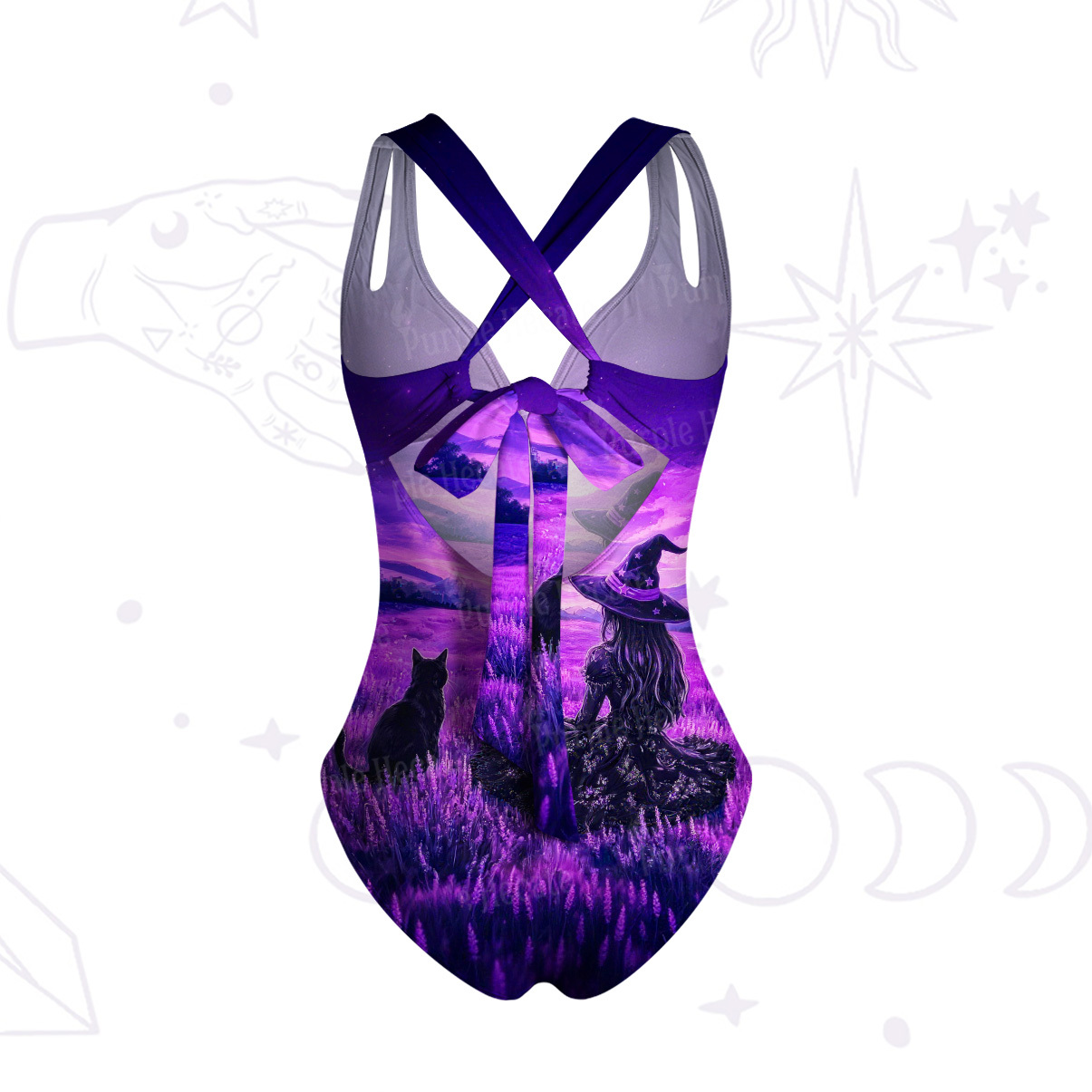 Purplehecate Dreamy Purple Witch and Black Cat One-Piece Swimsuit