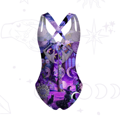 Purplehecate Witchy Black Cat Moon One-Piece Swimsuit