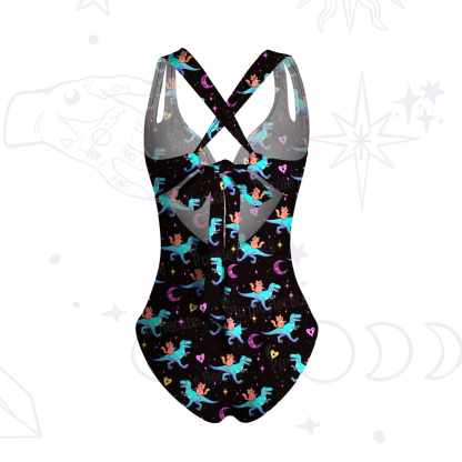 Purplehecate Witch Cat Rides the Dino One-Piece Swimsuit