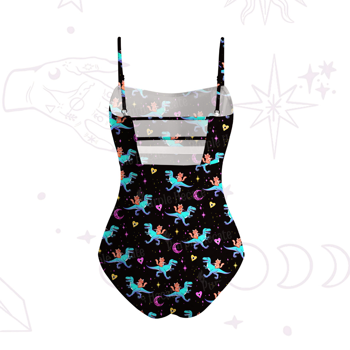 Purplehecate Witch Cat Rides the Dino Slim-Strap Swimsuit