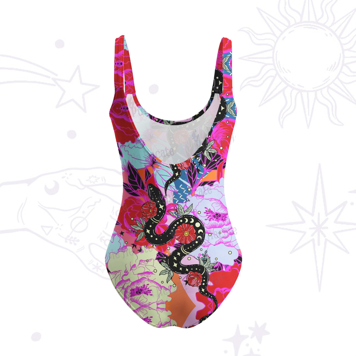 Purplehecate Enchanted Black Serpent & Floral Pattern Tank One Piece Swimsuit