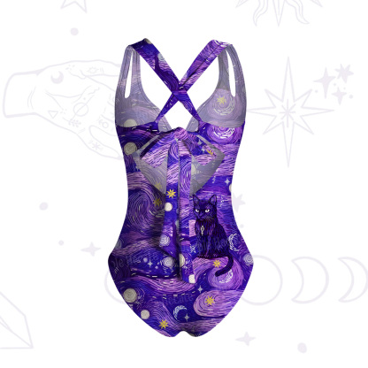 Purplehecate Mystic Cat Beneath the Cosmic Veil One-Piece Swimsuit