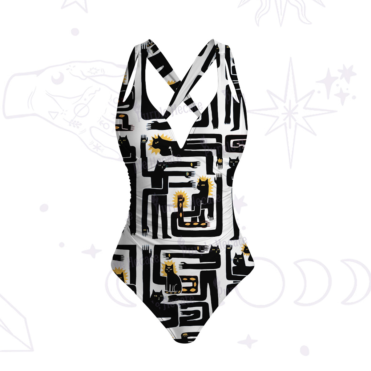 Purplehecate Whimsical Abstract Cat One-Piece Swimsuit