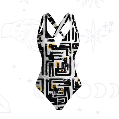 Purplehecate Whimsical Abstract Cat One-Piece Swimsuit