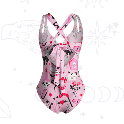 Purplehecate Black Cat Witchy Pink One-Piece Swimsuit