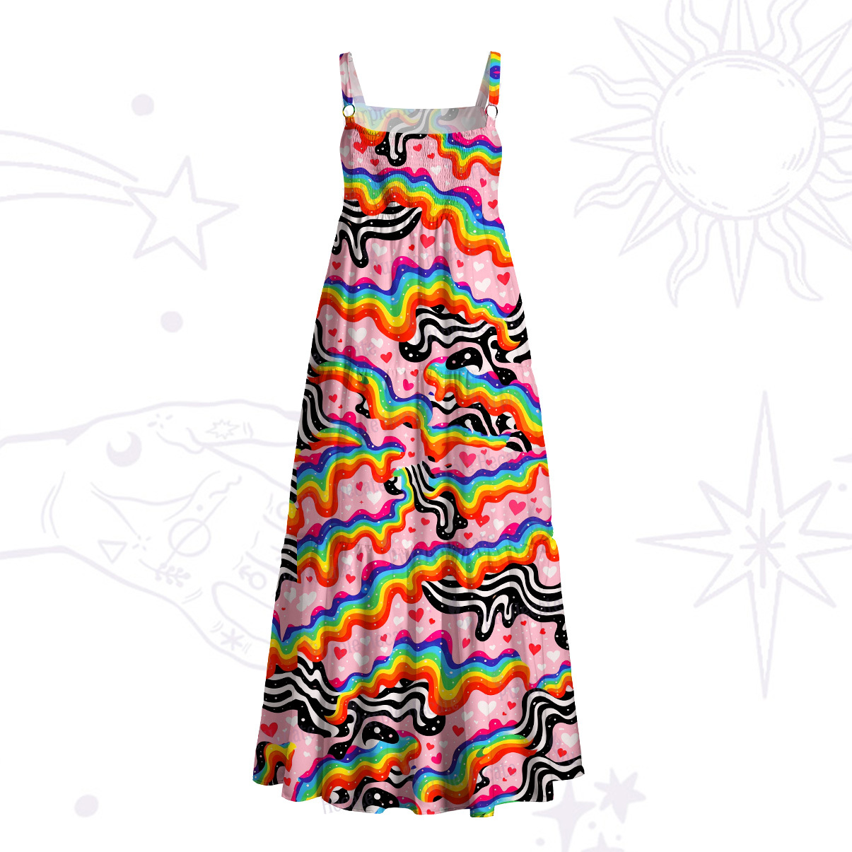 Purplehecate Groovy Melty Rainbow Hearts Wavy Wide Straps Maxi Dress