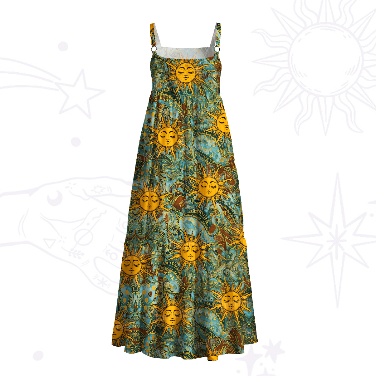 Purplehecate Golden Sun Wheel Wide Straps Maxi Dress