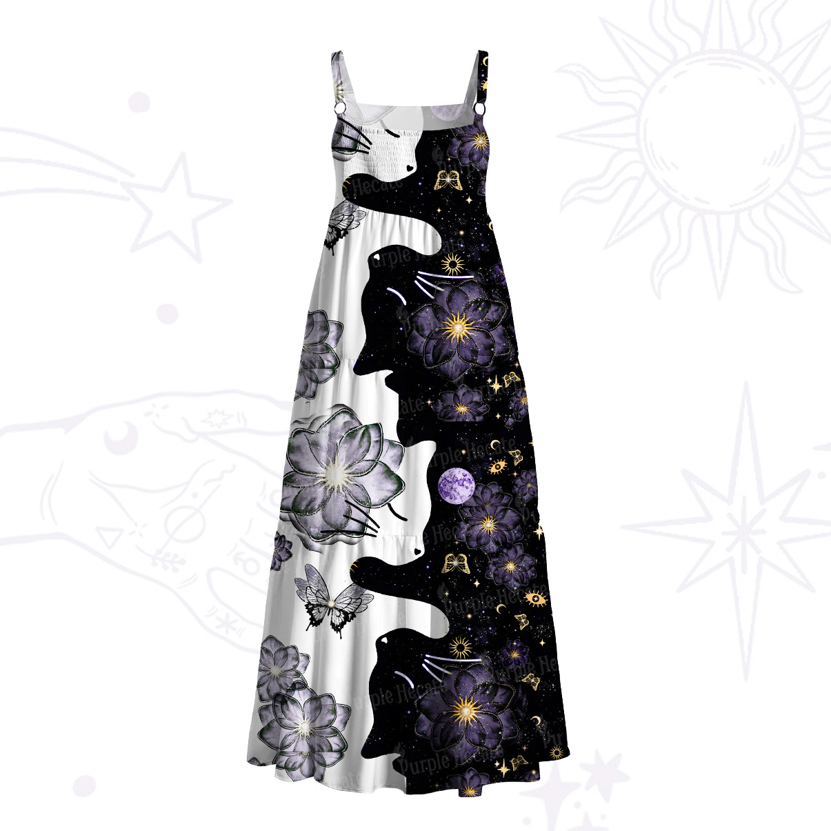 Purplehecate Starlit Cats & Butterflies Wide Straps Maxi Dress