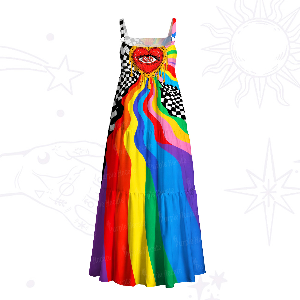 Purplehecate Trippy Rainbow Heart Eye Wide Straps Maxi Dress