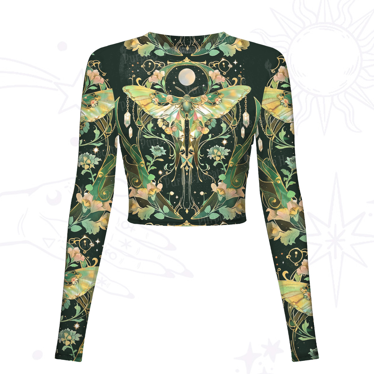 Purplehecate Moon Moth Rave Mesh Long Sleeve Crop Top