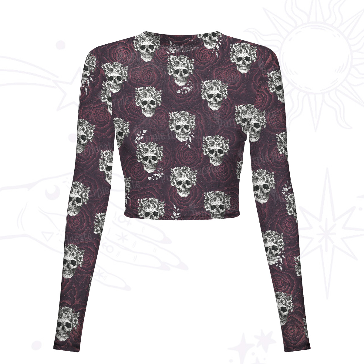 Purplehecate Rose Skull Mesh Long Sleeve Crop Top