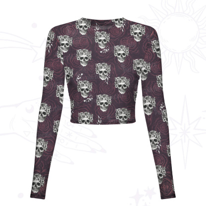 Purplehecate Rose Skull Mesh Long Sleeve Crop Top