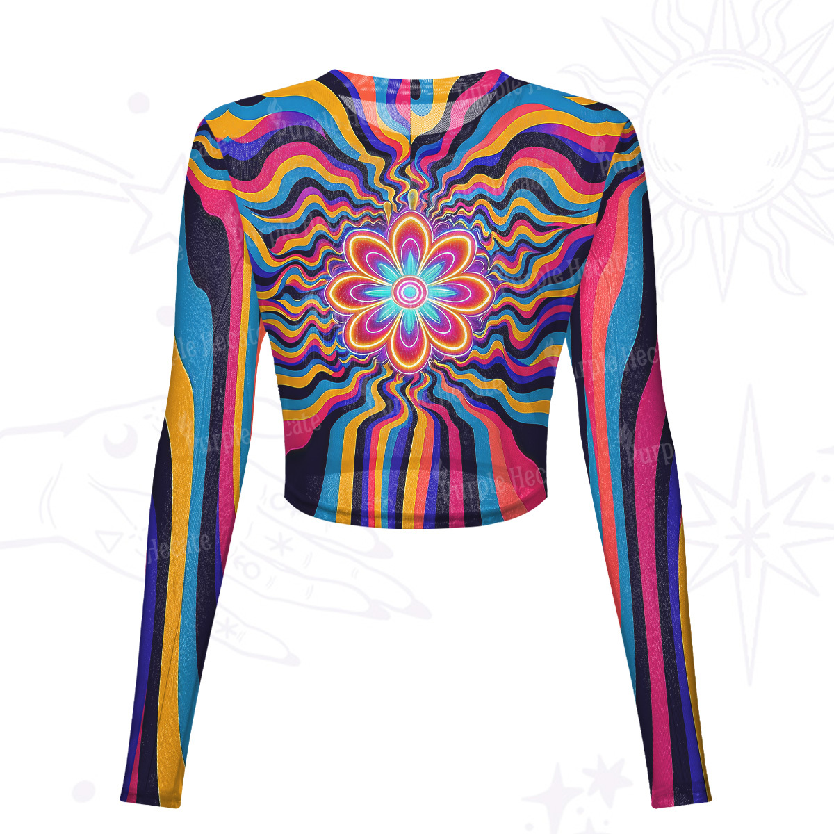 Purplehecate Psychedelic Bloom Mesh Long Sleeve Crop Top
