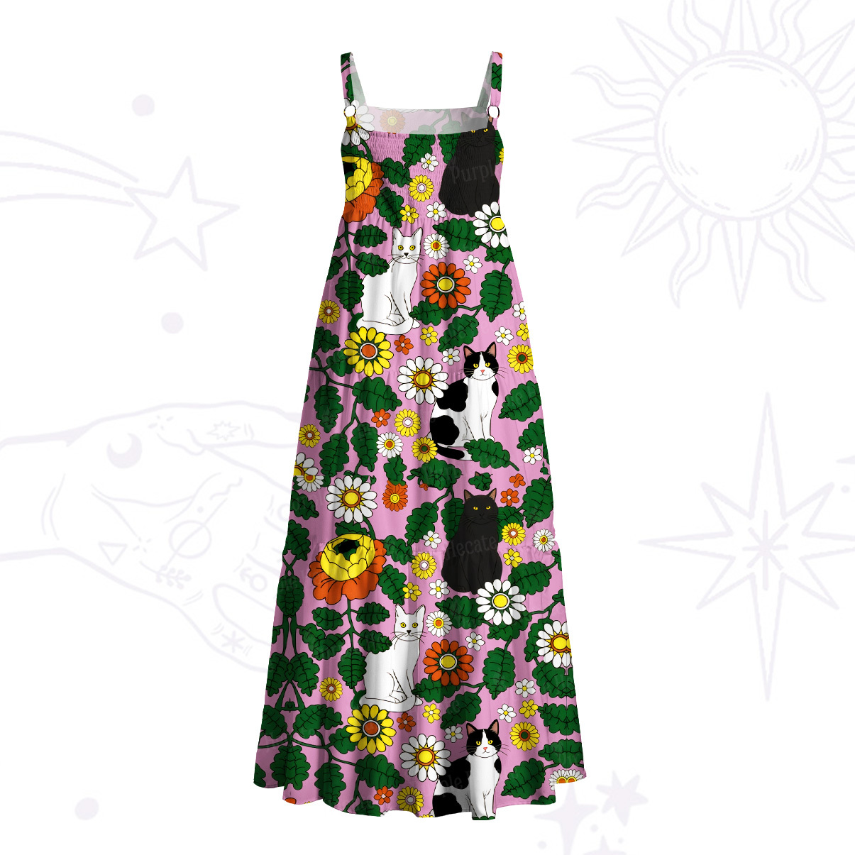 Purplehecate Daisy Cat  Garden Wide Straps Maxi Dress