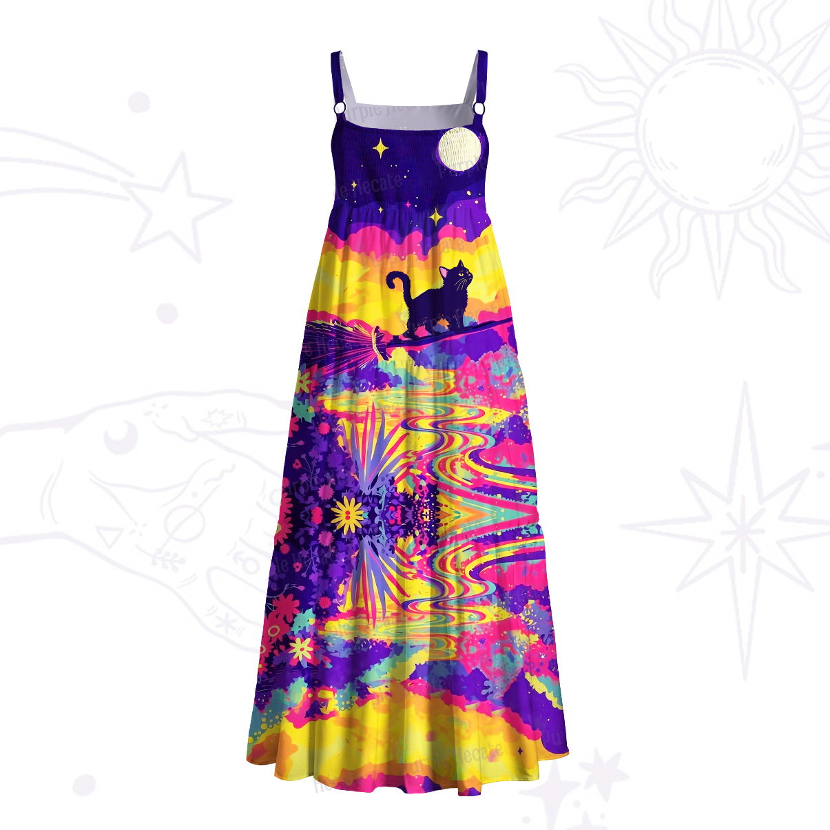 Purplehecate Midnight Cosmic Cat Fantasy Wide Straps Maxi Dress