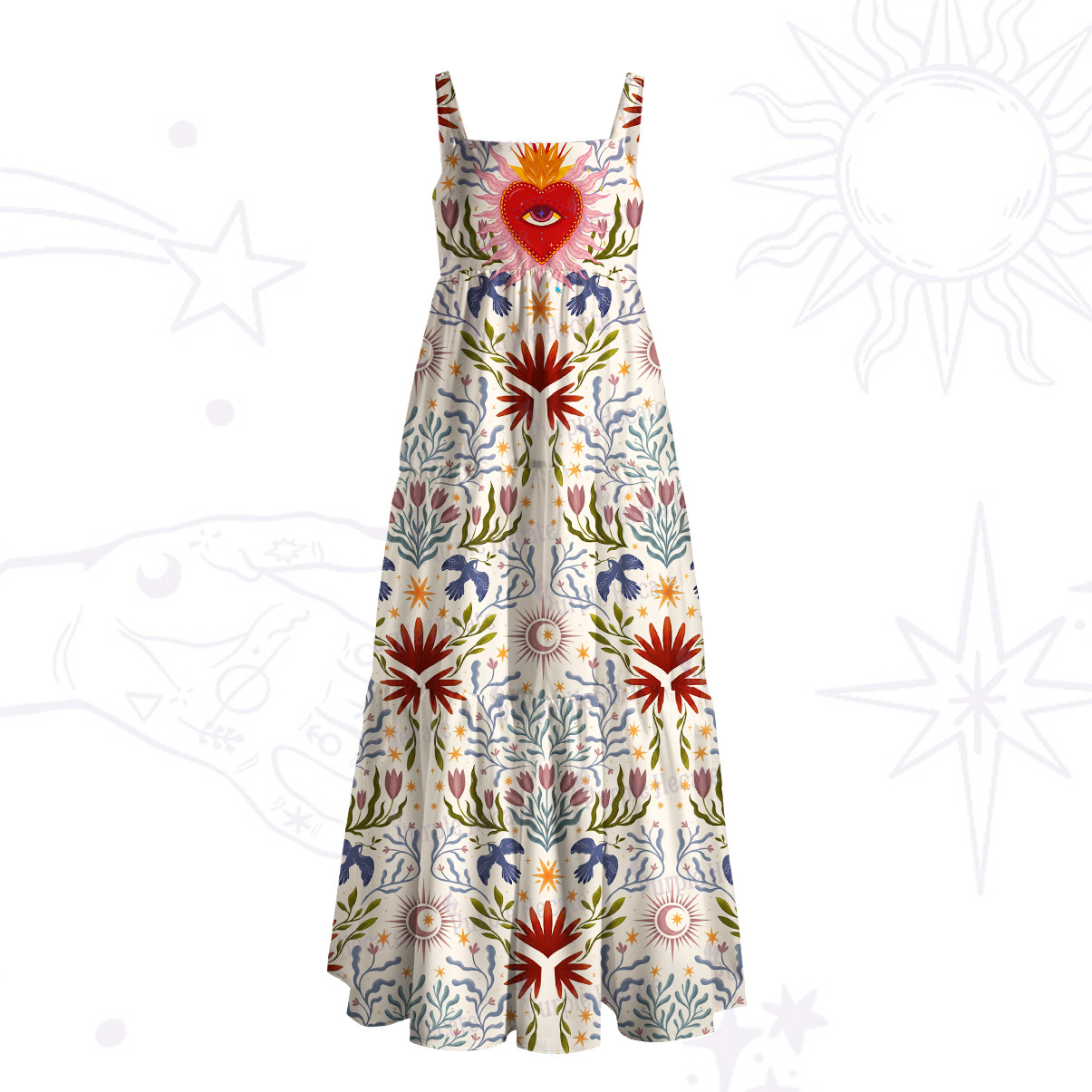 Purplehecate Daisy Cat Garden Wide Straps Maxi Dress