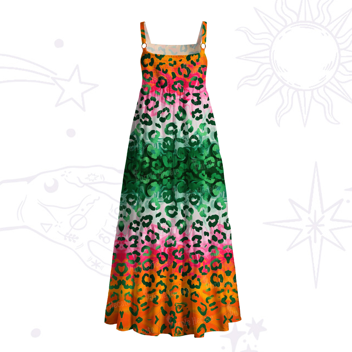 Purplehecate Rainbow Ombre Leopard Wide Straps Maxi Dress