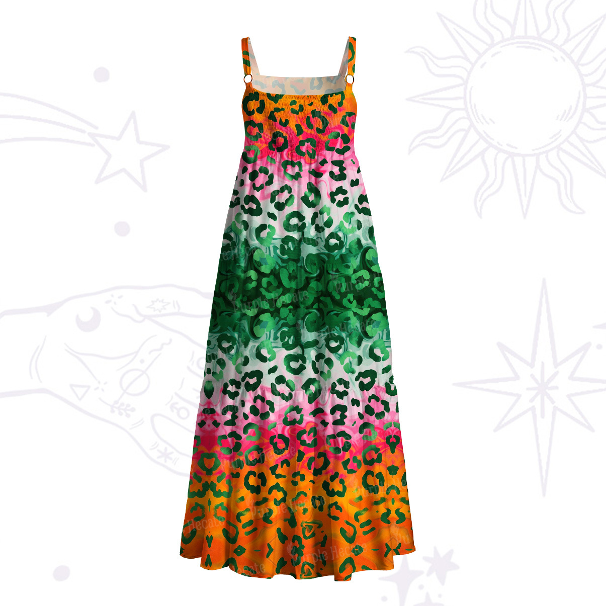 Purplehecate Rainbow Ombre Leopard Wide Straps Maxi Dress