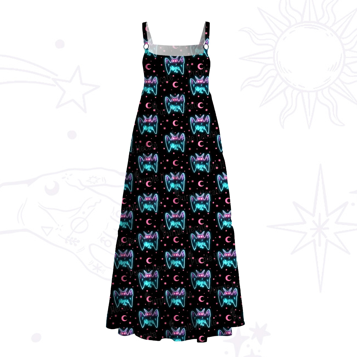 Purplehecate Neon Witchy Mothman Night Wide Straps Maxi Dress