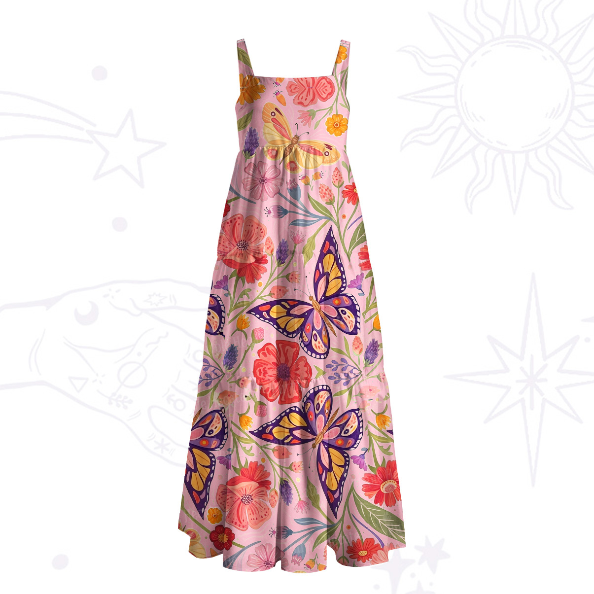 Purplehecate Enchanted Garden of Butterflies Wide Straps Maxi Dress