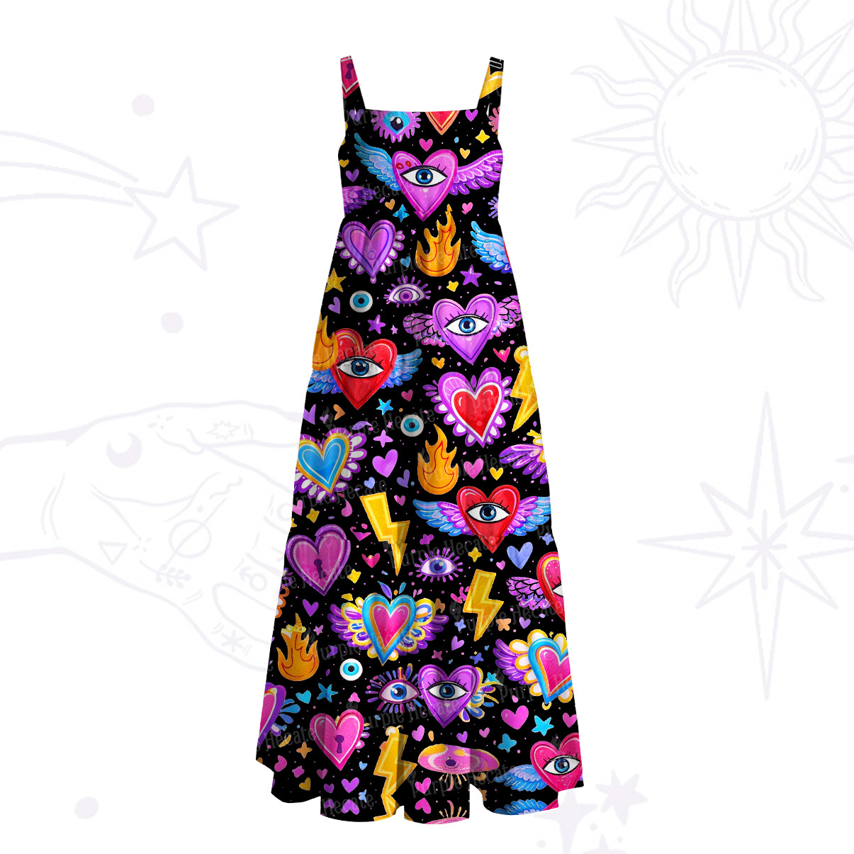 Purplehecate Mystic Heart Eye Wings Wide Straps Maxi Dress