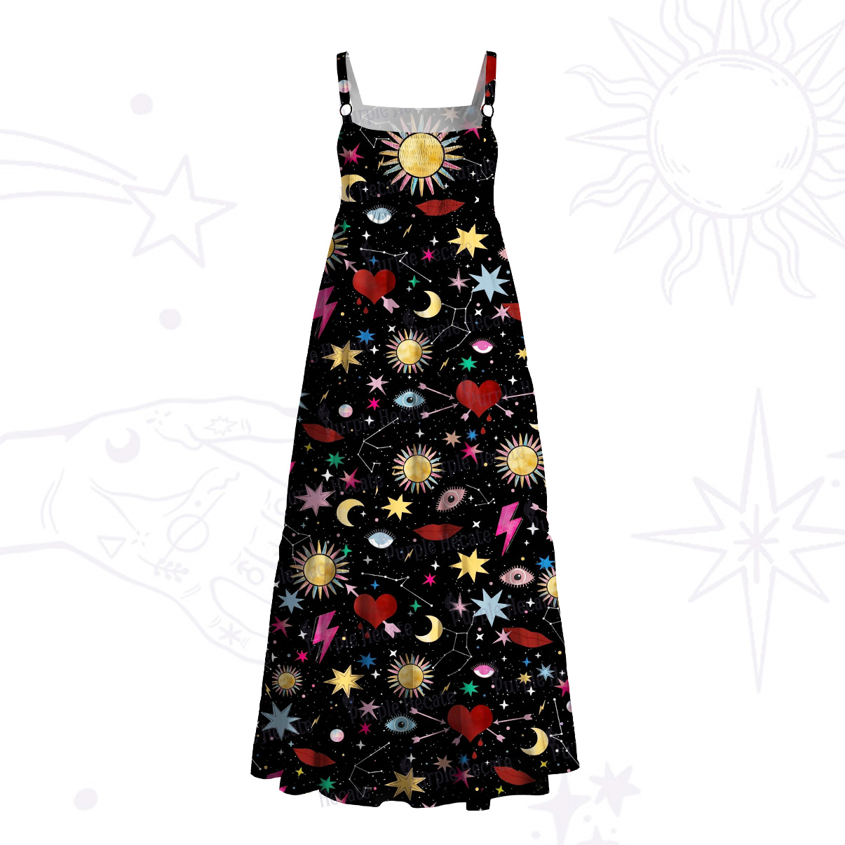Purplehecate Celestial Night of Stars  & Hearts Wide Straps Maxi Dress