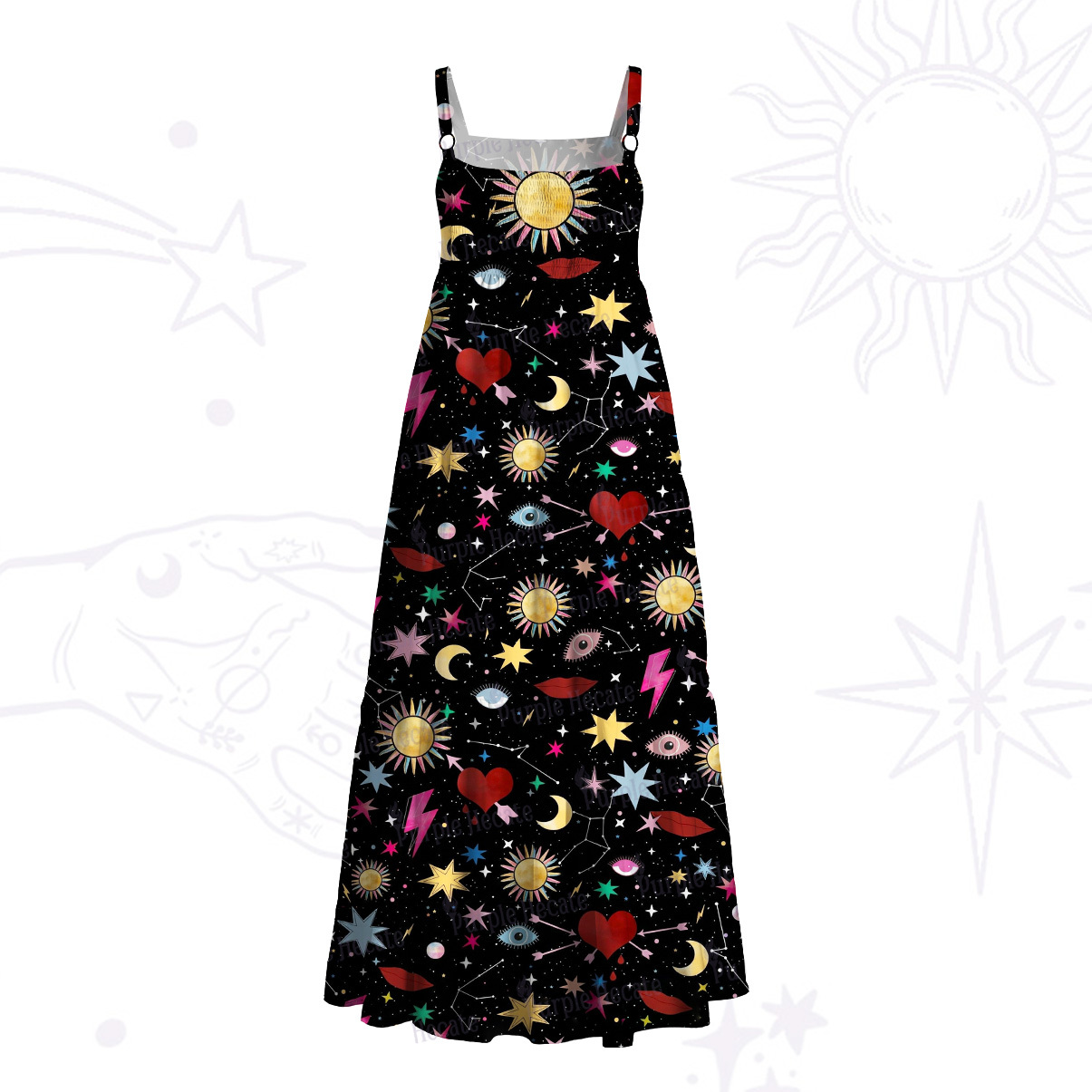 Purplehecate Celestial Night of Stars  & Hearts Wide Straps Maxi Dress