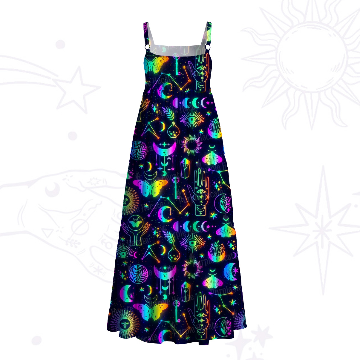 Purplehecate Blacklight Butterfly Wide Straps Maxi Dress