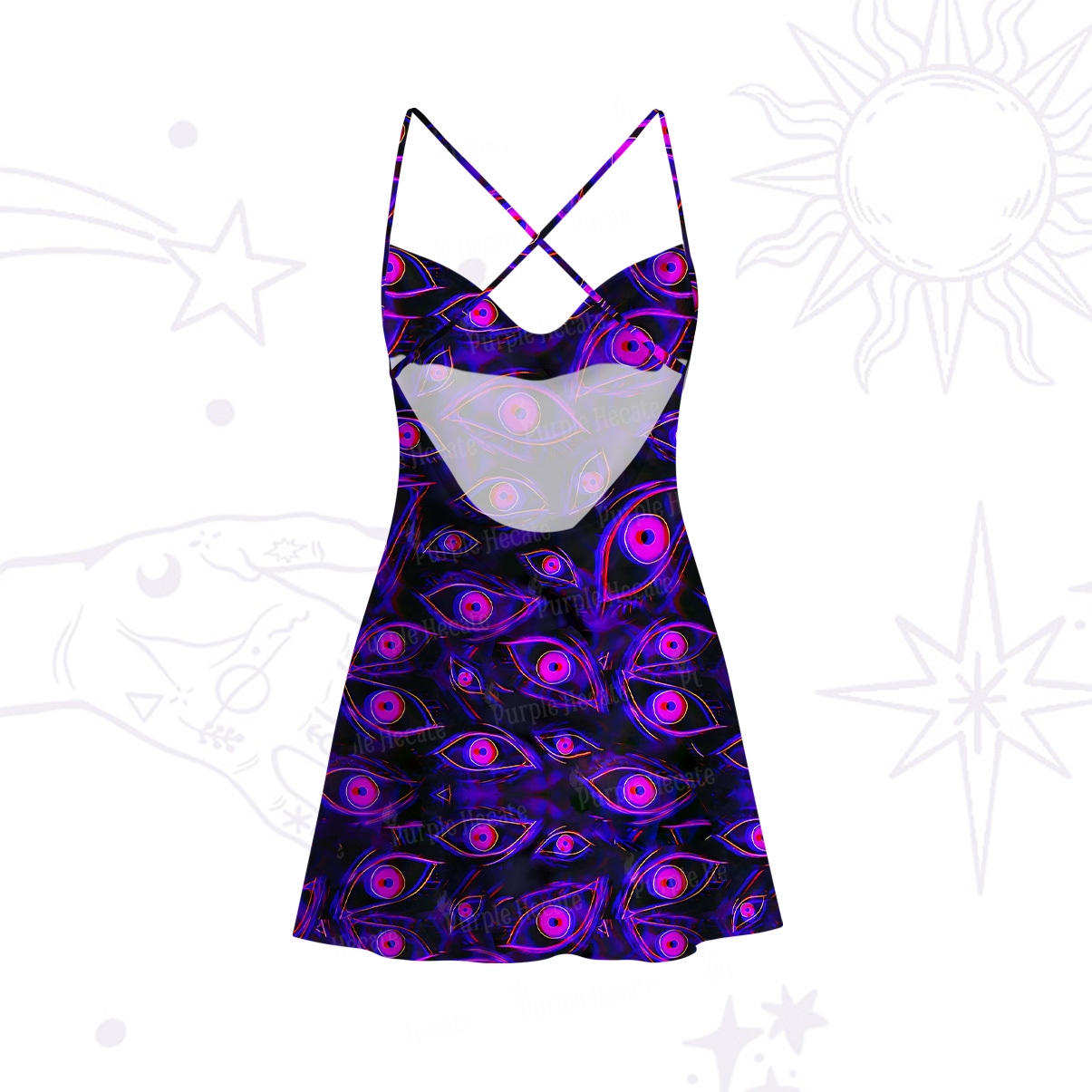 Purplehecate Psychedelic Eyes Satin Cross Back Mini Dress